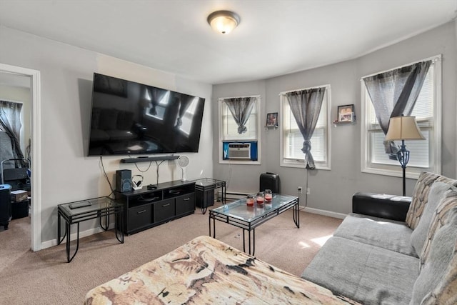404-406 Franklin St, Springfield, MA 01104 - living area with light carpet, baseboards, a baseboard radiator, and cooling unit