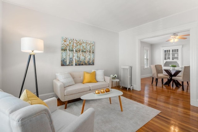 living room featuring hardwood / wood-style flooring, ceiling fan, and radiator