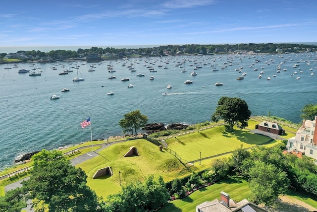 birds eye view of property featuring a water view