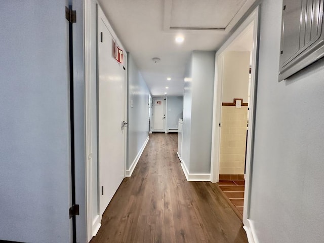 corridor with a baseboard radiator and dark hardwood / wood-style flooring