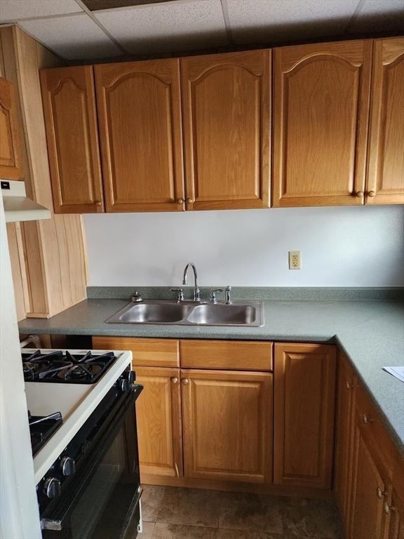 kitchen with under cabinet range hood, a drop ceiling, brown cabinets, black range with gas cooktop, and a sink