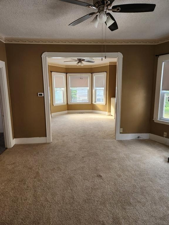 carpeted spare room with a textured ceiling, baseboards, and ornamental molding