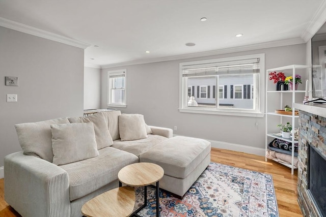 293 D St Unit 2, Boston, MA 02127 - living room with light wood finished floors, crown molding, a fireplace, and recessed lighting