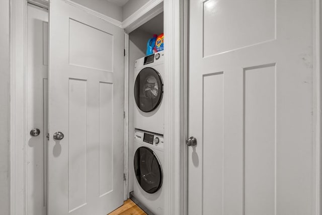 293 D St Unit 2, Boston, MA 02127 - laundry room featuring estacked washer and dryer and light wood-style flooring