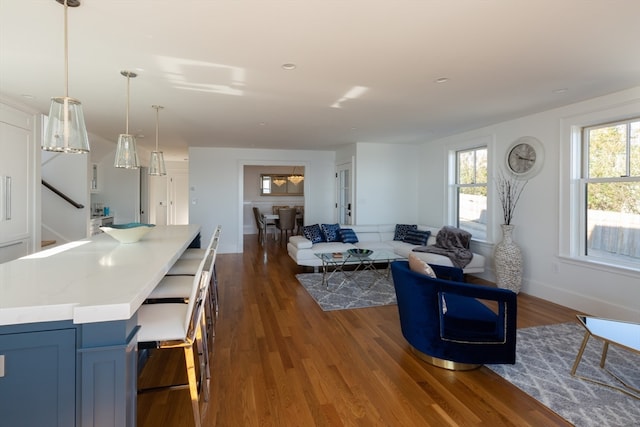 living room featuring dark wood-type flooring