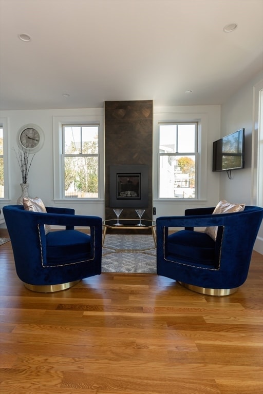 living room featuring a large fireplace and hardwood / wood-style floors