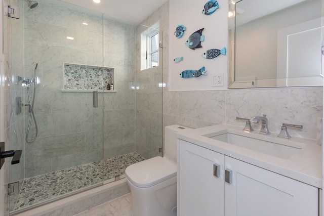 bathroom featuring an enclosed shower, tile walls, tile floors, toilet, and large vanity