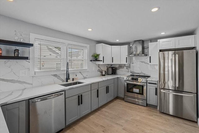 kitchen with gray cabinetry, open shelves, a sink, appliances with stainless steel finishes, and wall chimney exhaust hood