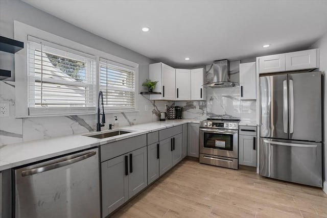 kitchen with open shelves, gray cabinets, appliances with stainless steel finishes, a sink, and wall chimney range hood