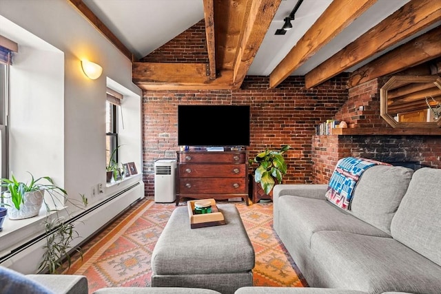 living room with beamed ceiling, brick wall, and a baseboard heating unit