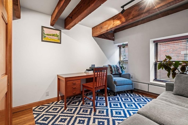 office area featuring wood-type flooring, beam ceiling, and baseboard heating