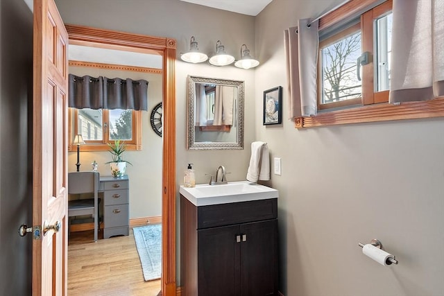 bathroom featuring vanity and hardwood / wood-style floors