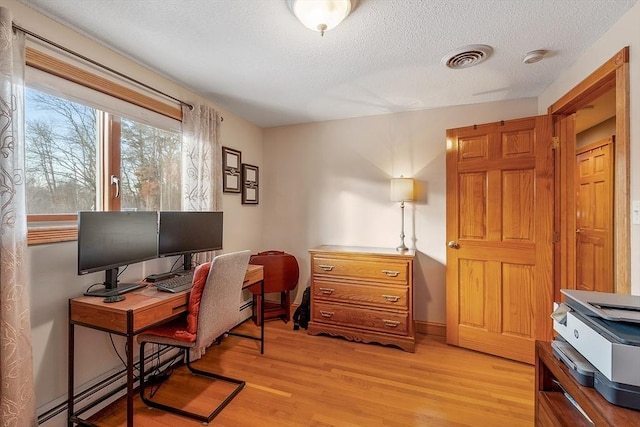 home office with light hardwood / wood-style floors and a textured ceiling