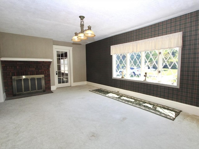 25 Rollinson Rd, Worcester, MA 01606 - unfurnished living room featuring carpet flooring, healthy amount of natural light, baseboards, wallpapered walls, and a brick fireplace