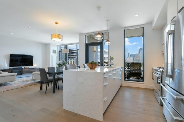 kitchen with modern cabinets, appliances with stainless steel finishes, light wood-style floors, pendant lighting, and a sink