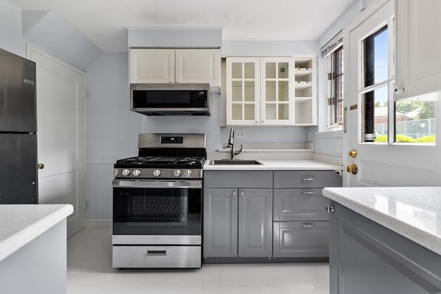 358 Lexington St Unit 358, Watertown, MA 02472 - kitchen featuring appliances with stainless steel finishes, gray cabinetry, glass insert cabinets, white cabinetry, and light stone countertops