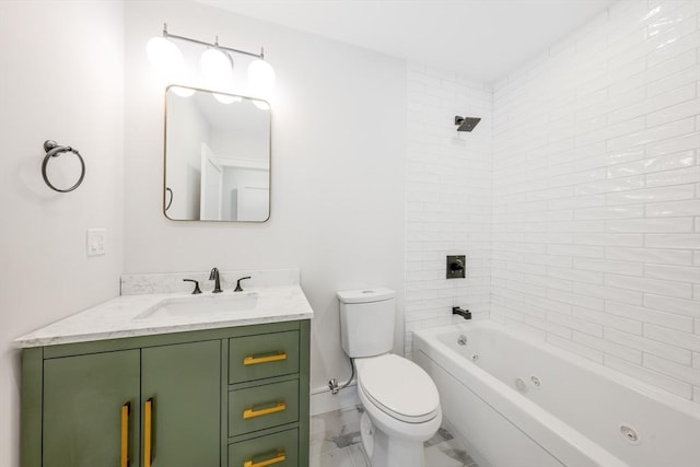 full bath featuring toilet, a combined bath / shower with jetted tub, and vanity