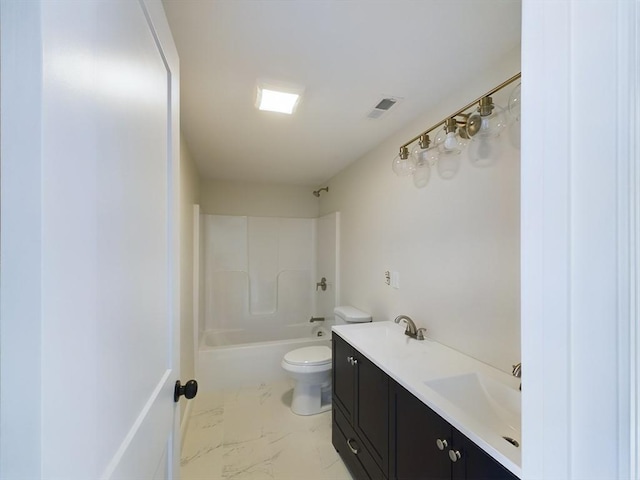 full bathroom with toilet, vanity, and shower / bathing tub combination