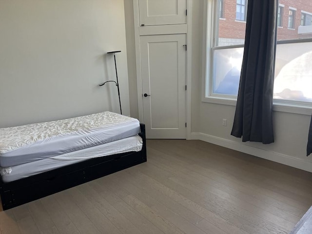 bedroom featuring wood finished floors, multiple windows, and baseboards