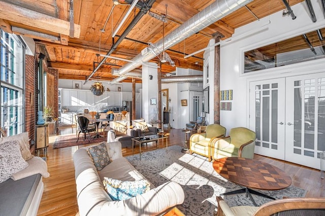 living room with french doors, light hardwood / wood-style floors, and a healthy amount of sunlight