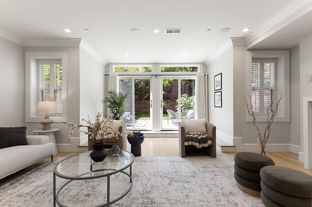 interior space with ornamental molding, hardwood / wood-style floors, and a wealth of natural light