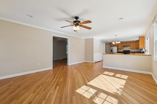 89 Brush Hill Rd, Sherborn, MA 01770 - unfurnished living room featuring light wood-style flooring, baseboards, a sink, and ceiling fan with notable chandelier
