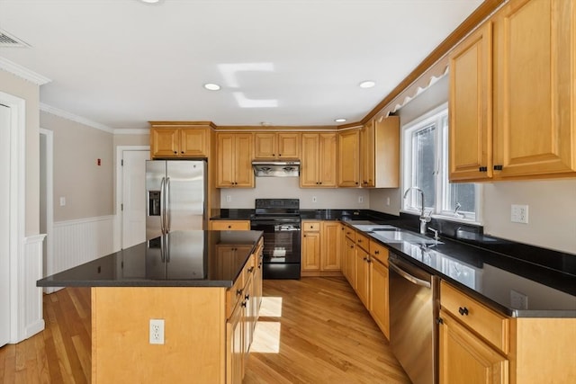 89 Brush Hill Rd, Sherborn, MA 01770 - kitchen with light wood-type flooring, a sink, wainscoting, and stainless steel appliances
