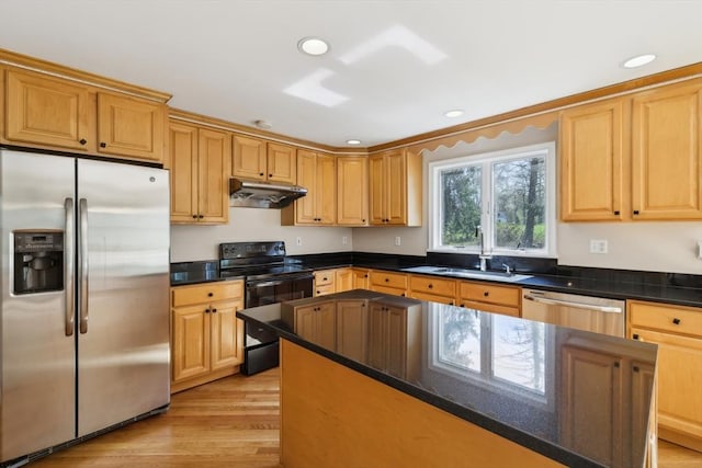 89 Brush Hill Rd, Sherborn, MA 01770 - kitchen with appliances with stainless steel finishes, a sink, light wood finished floors, under cabinet range hood, and recessed lighting