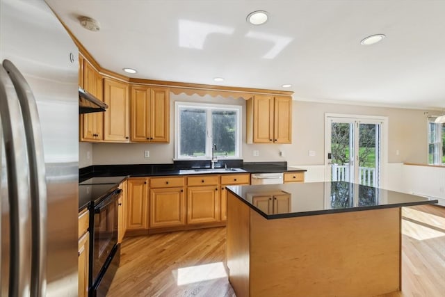 89 Brush Hill Rd, Sherborn, MA 01770 - kitchen with freestanding refrigerator, electric range, dark countertops, light wood-type flooring, and a sink