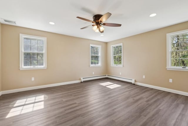 89 Brush Hill Rd, Sherborn, MA 01770 - unfurnished room with a ceiling fan, baseboards, visible vents, and wood finished floors
