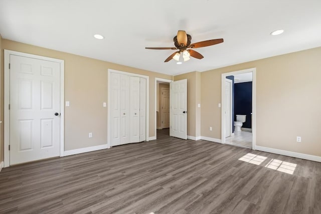89 Brush Hill Rd, Sherborn, MA 01770 - unfurnished bedroom with connected bathroom, ceiling fan, recessed lighting, baseboards, and wood finished floors