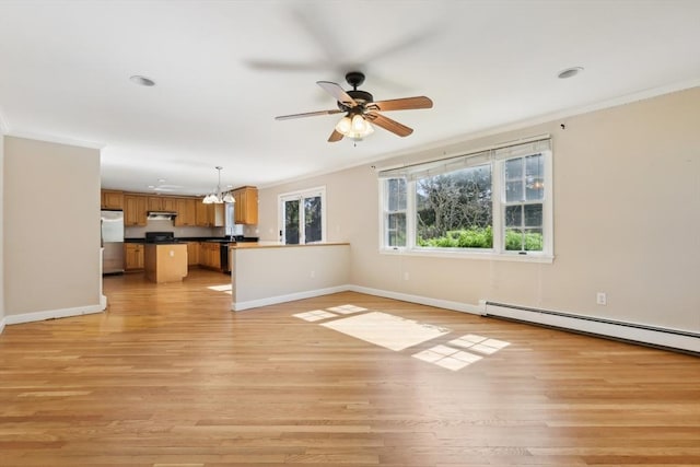 89 Brush Hill Rd, Sherborn, MA 01770 - unfurnished living room with ornamental molding, light wood-style floors, baseboards, ceiling fan, and baseboard heating
