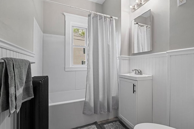 50 Switzer Ave, Springfield, MA 01109 - full bath with wainscoting, vanity, shower / bath combination with curtain, and a decorative wall