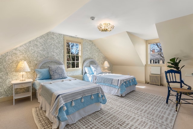 bedroom with light carpet, radiator, and lofted ceiling