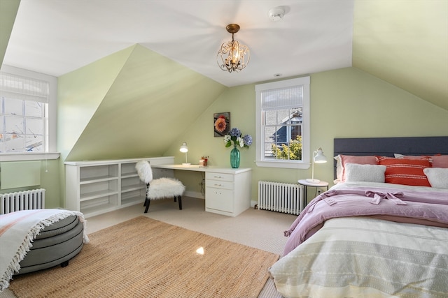 bedroom with radiator, lofted ceiling, multiple windows, and light colored carpet