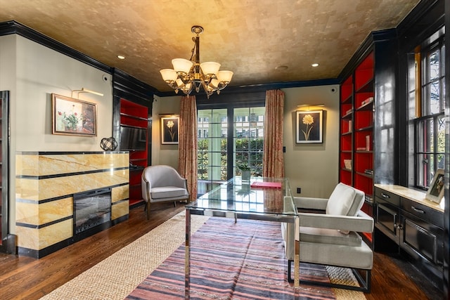 home office with dark wood-type flooring and crown molding