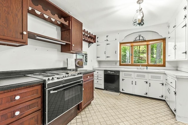 kitchen with dishwasher, electric range oven, open shelves, a sink, and white cabinets