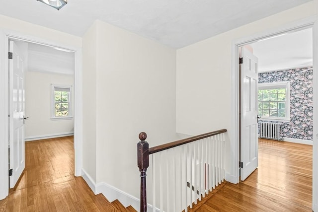 hall with radiator, an upstairs landing, light wood-style floors, and healthy amount of natural light
