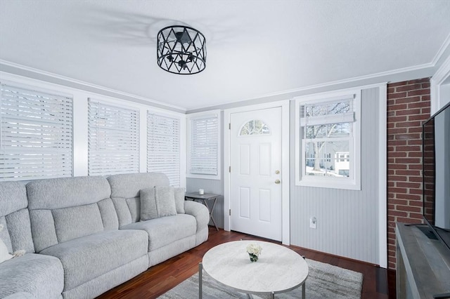 living room featuring crown molding, a healthy amount of sunlight, and dark hardwood / wood-style flooring