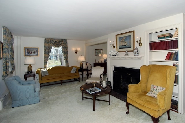 living room featuring a large fireplace and light colored carpet