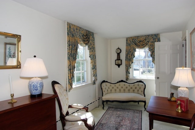 sitting room featuring a baseboard radiator and light colored carpet