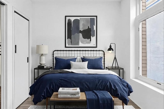 bedroom featuring multiple windows and wood finished floors