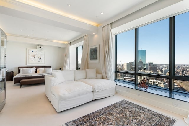 carpeted living room with a tray ceiling