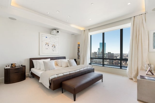 carpeted bedroom with a raised ceiling