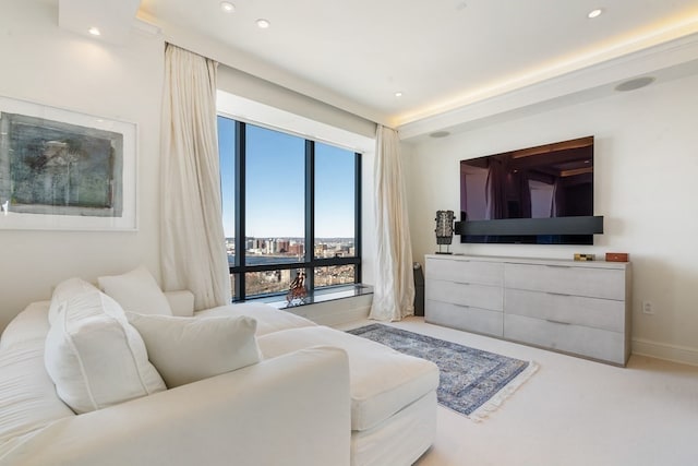 bedroom featuring light carpet