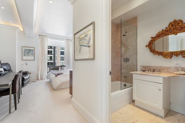 bathroom featuring shower / bath combination with glass door, tile floors, and vanity with extensive cabinet space