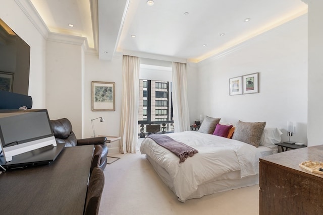 bedroom featuring light carpet