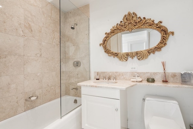 full bathroom featuring vanity, enclosed tub / shower combo, and toilet