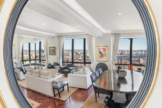 living room featuring dark parquet floors