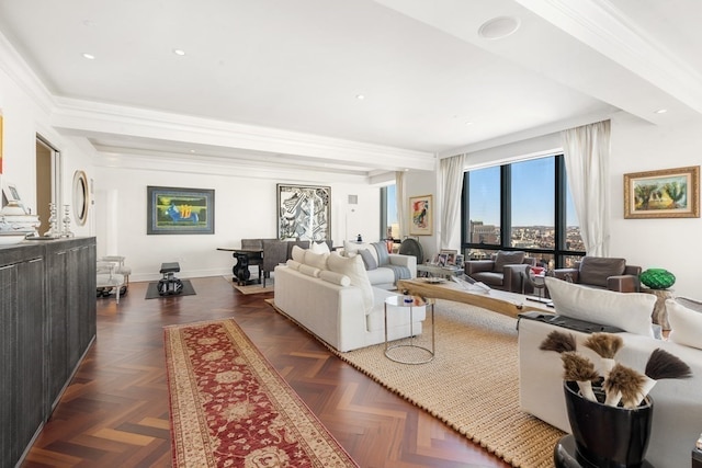 living room with dark parquet floors and ornamental molding